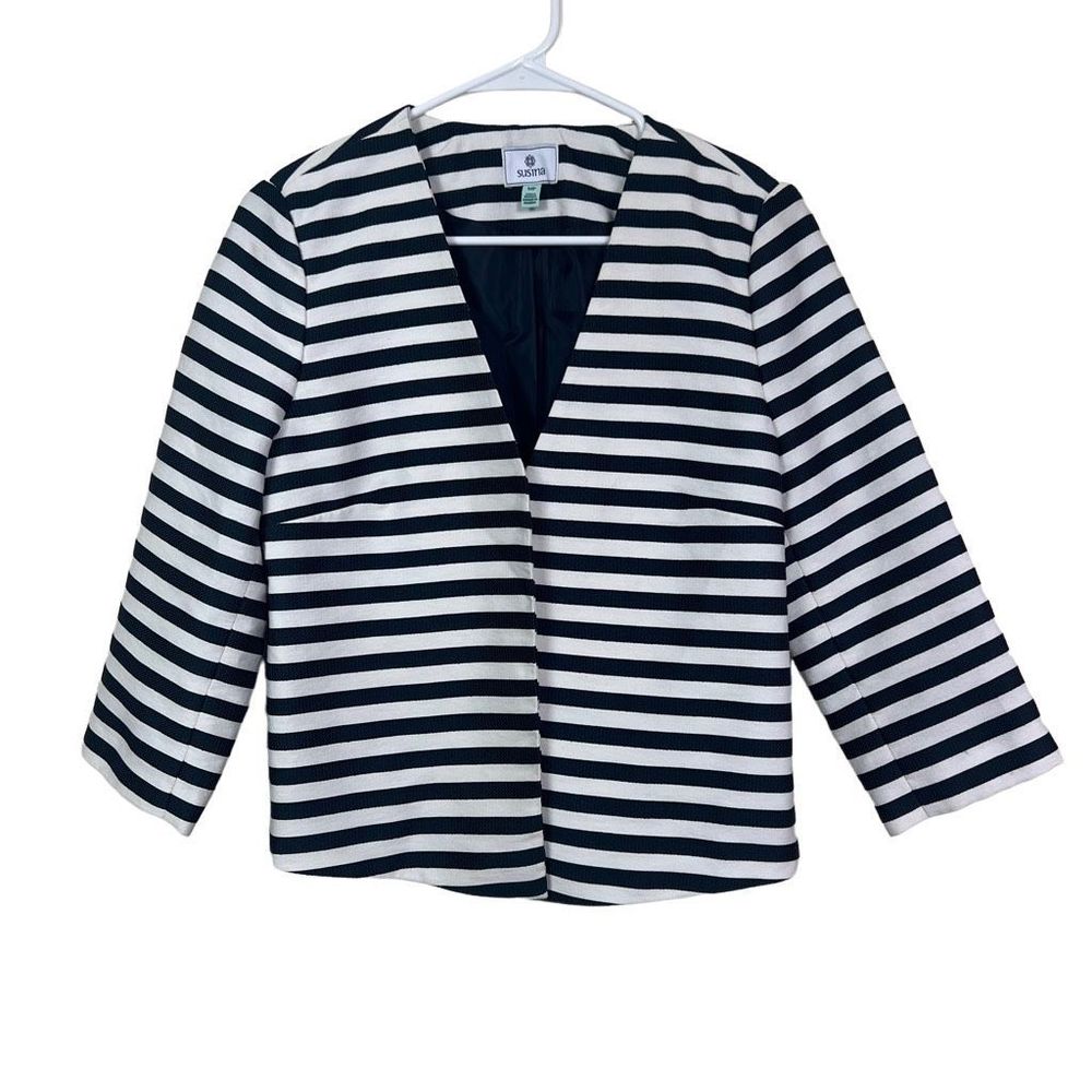 Susina Striped Open Front Blazer Size Medium Petite Navy Blue & White Workwear